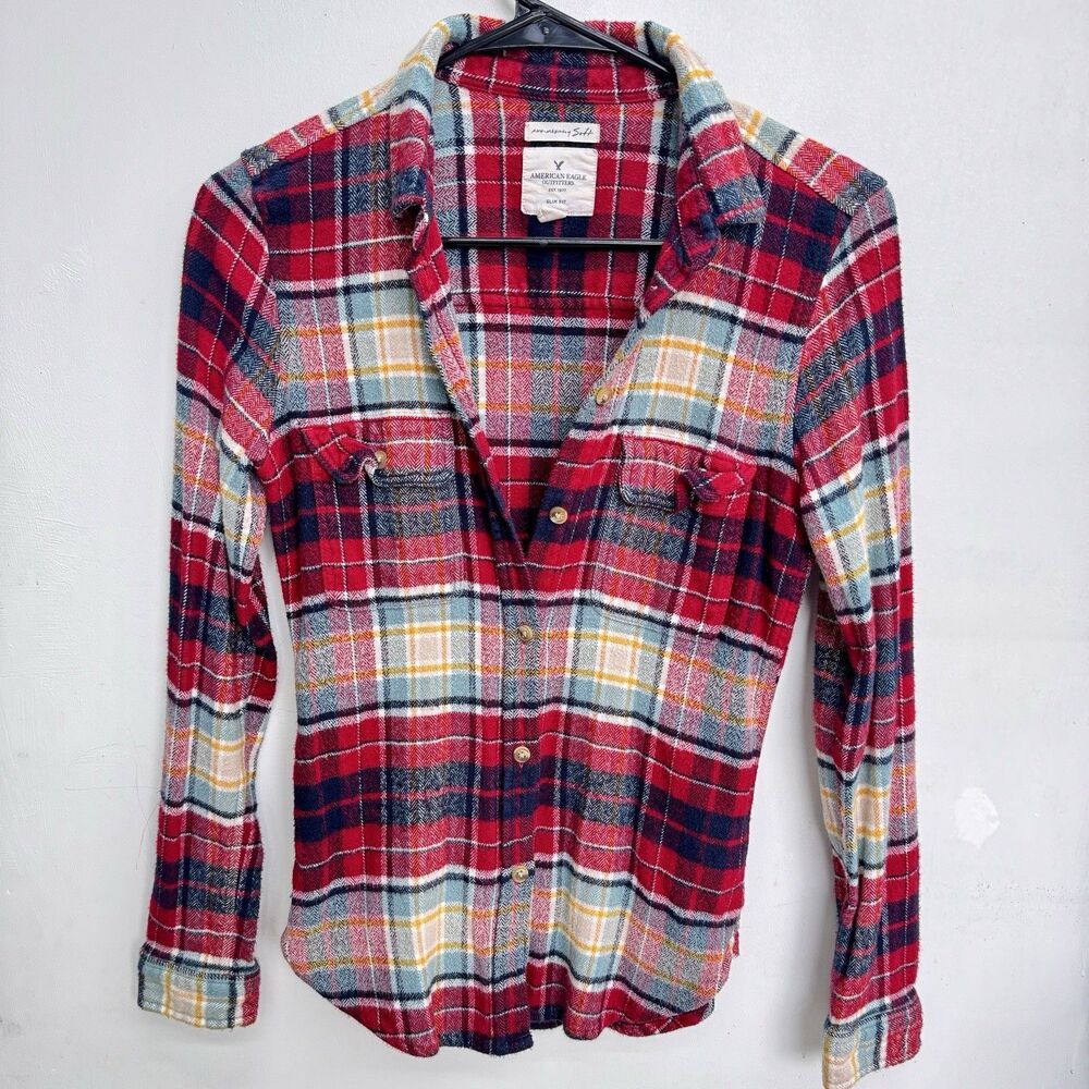 American Eagle Boyfriend Plaid Shirt Womens XS Red Grunge 90s flannel Outdoors